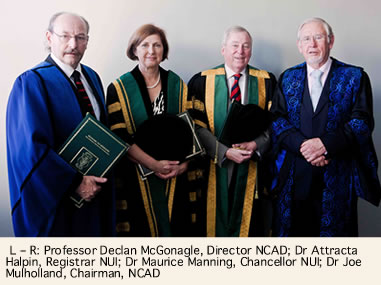 Professor Declan McGonagle, Director NCAD; Dr Attracta Halpin, Registrar NUI; Dr Maurice Manning, Chancellor NUI; Dr Joe Mulholland, Chairman, NCAD.