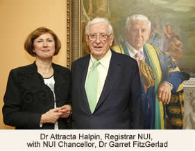 Dr Attracta Halpin Registrar NUI with NUI Chancellor Dr Garret FitzGerald