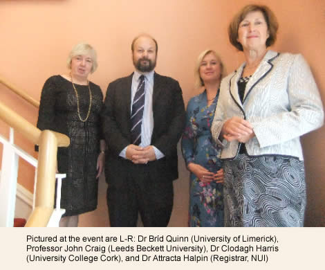 Pictured at the event are L-R: Dr Bríd Quinn (University of Limerick), Professor John Craig (Leeds Beckett University), Dr Clodagh Harris (University College Cork), and Dr Attracta Halpin (Registrar, NUI)