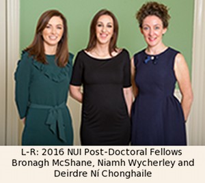 L-R: 2016 NUI Post-Doctoral Fellows 
Bronagh McShane, Niamh Wycherley and Deirdre Ní Chonghaile
