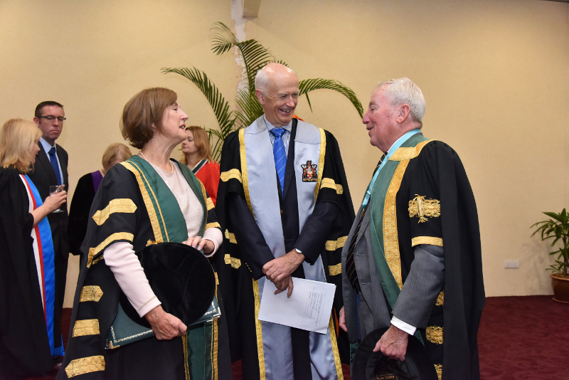 L-R: Dr Attracta Halpin, NUI Registrar; Prof Cathal Kelly, RCSI Registrar and Dr Maurice Manning NUI Chancellor at Perdana University Conferrings, Oct 2018.