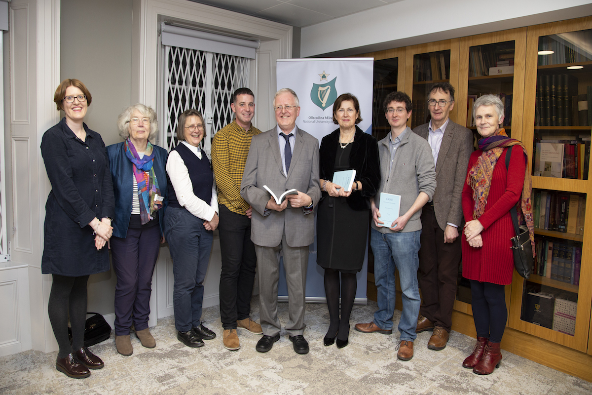 [L-R] Dr Deirdre Nic Mhathúna; Máire Nic Mhaoláin; Dr Aoibheann Nic Dhonnchadha; Dr Conchúr Mag Eacháin; Professor Liam Mac Mathúna; Dr Attracta Halpin; Dr Aengus Ó Fionnagáin; Dr Pádraig Ó Cearbhaill and Professor Máirín Nic Eoin.