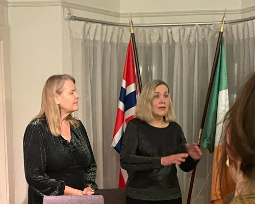 Evening reception in the Royal Norwegian Ambassador’s residence, hosted by Her Excellency Mari Skåre, Norwegian Ambassador to Ireland [left]. Pictured with the former Norwegian Ambassador to Ireland, Else Berit Eikeland