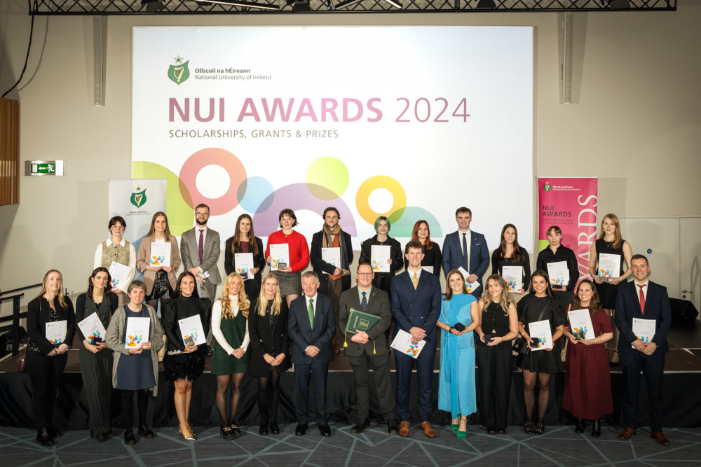 Group of awardees from University College Cork with NUI Chancellor Michael Murphy, and NUI Registrar Pat O’Leary 