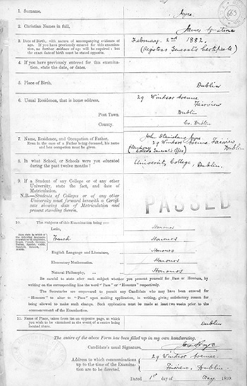 James Joyce Matriculation Application Form